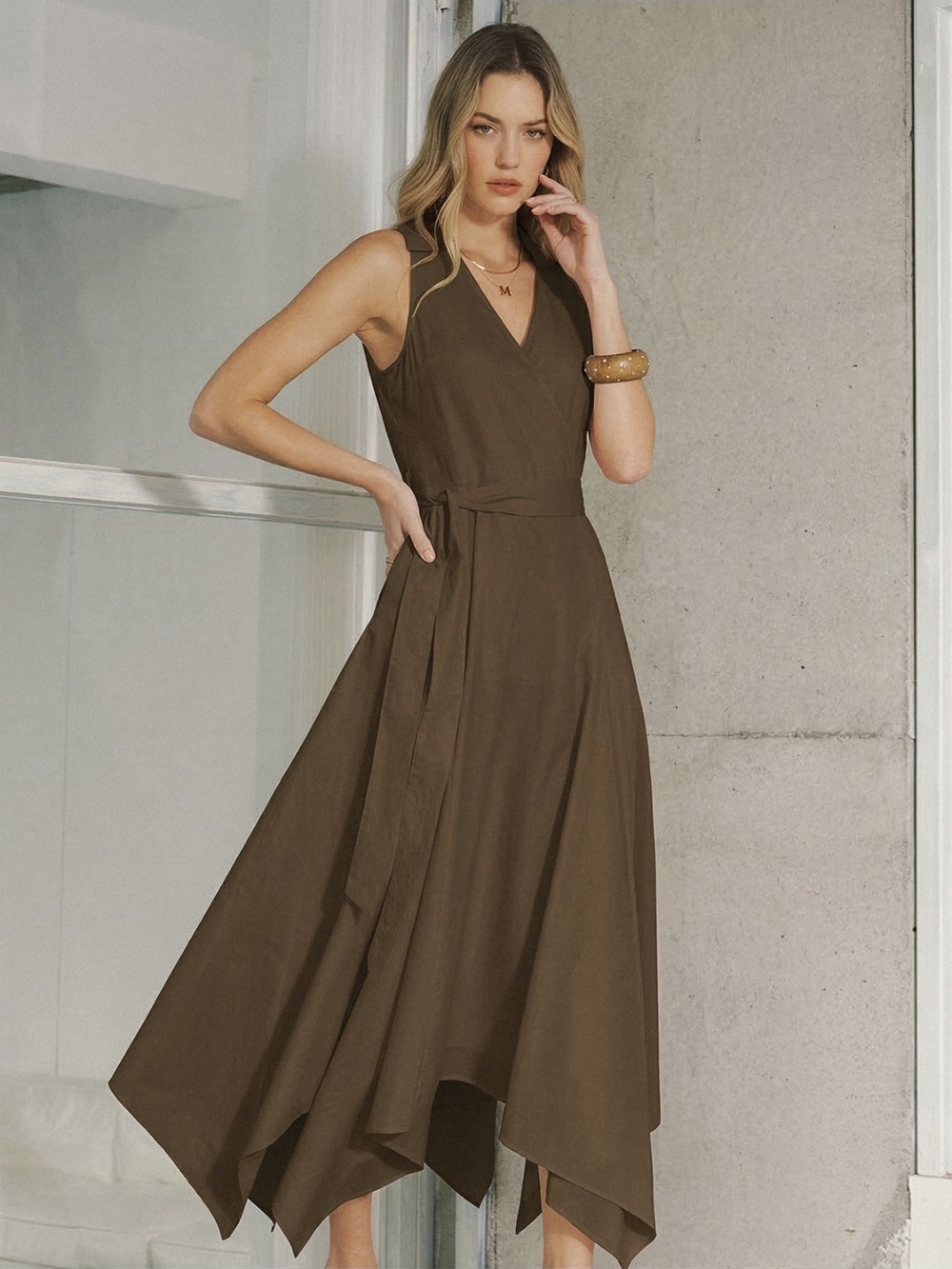 Commense Olive-Brown Sleeveless V-Neck Maxi Dress with Handkerchief Hem